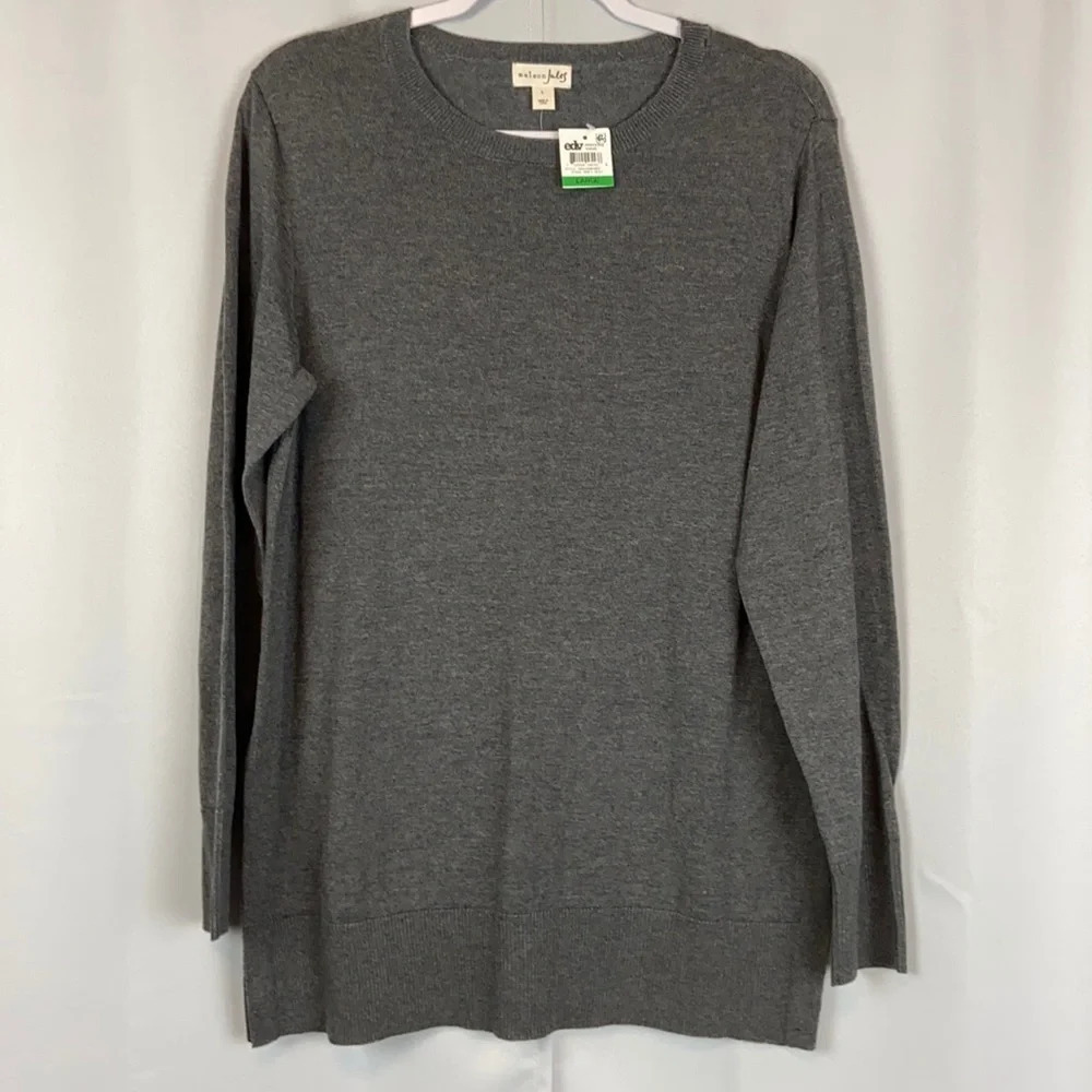 Maison Jules New Women’s Large Gray Cotton Blend Crewneck Side Silts Hem Sweater